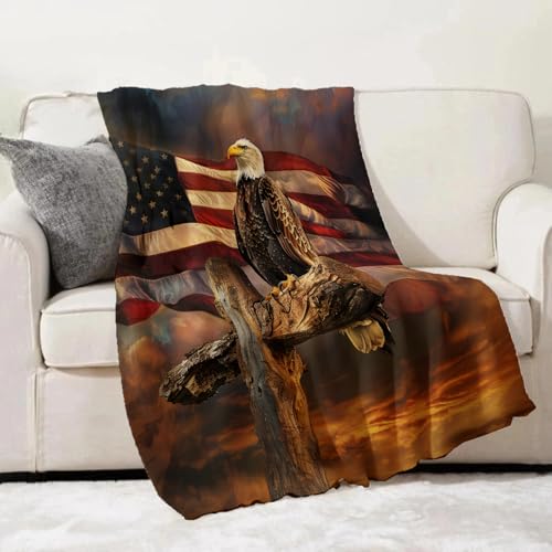 Turamurra American Eagle and Flag Throw Blanket 60x80 in - Bald Eagle Theme Flannel