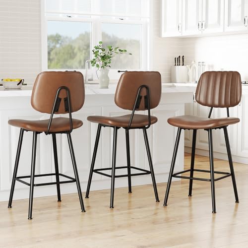 24-Inch Faux Leather Counter Height Bar Stools with Backrest, Set of 3