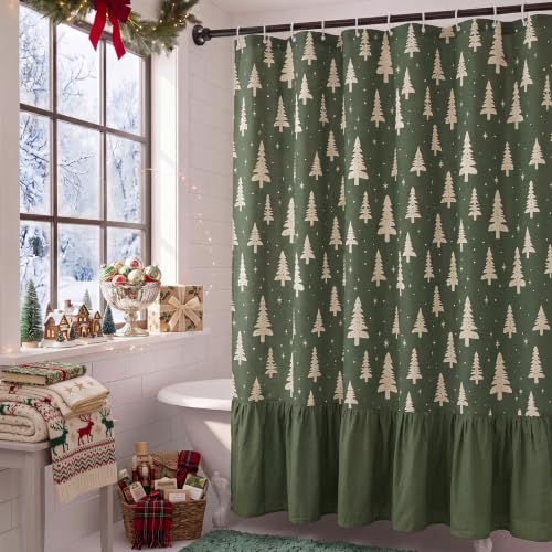 Irenare Christmas Tree Shower Curtain with Ruffle, Green (72x72) Holiday Bath Decor