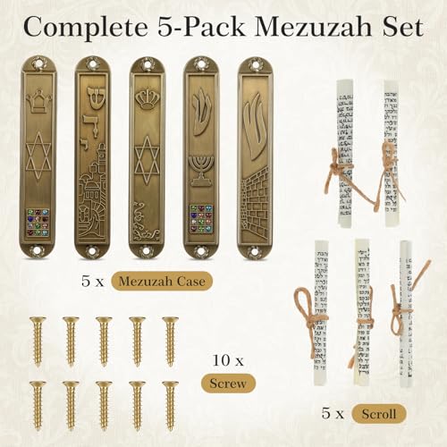 5-Pack Metal Mezuzah Cases with Kosher Scrolls - 3.54 Inch Doorpost Plaque