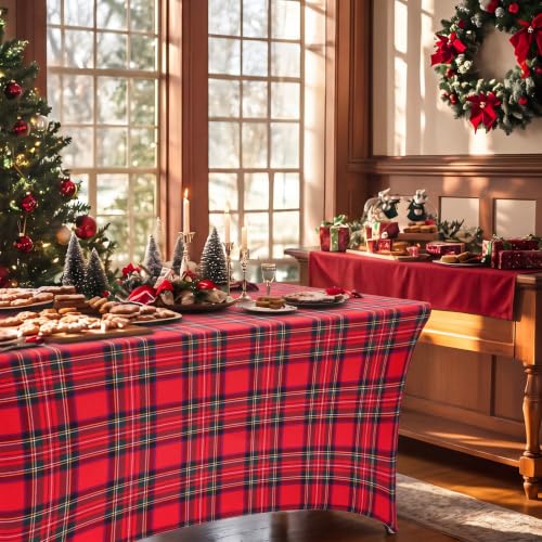 Frienda Red Plaid Christmas Tablecloth 6ft Tartan Stretch Holiday Cover - Dark Red Variation