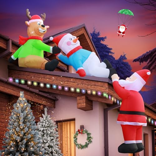 Christmas Friends 8FT Inflatable Roof Santa Reindeer Snowman Outdoor Decor with LED Lights
