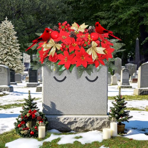 Wocst Christmas Cemetery Flowers Set - Red Poinsettia Saddle & 2 Bouquets with Vases (Red/2 Bouquet & Saddle)