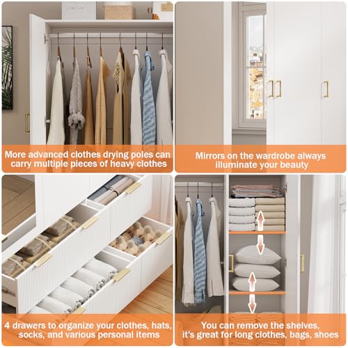 3-Door Wardrobe Closet with Mirror, Drawers, and RGB LED Lighting