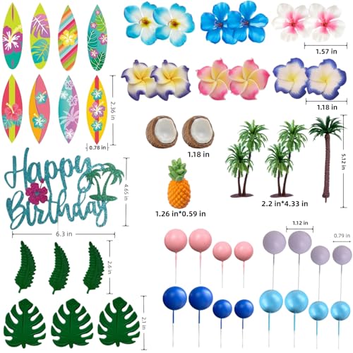 49-Piece Hawaiian Cake Topper Set, Summer Beach Party Cake Decorations