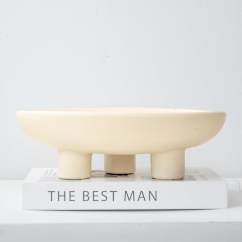 Relexome Three-Legs Ceramic Fruit Bowl for Kitchen Counter 10.24 Inch Modern Decorative Pedestal Bowl Oval Footed Serving Fruit Bowls Basket for Key Candy Breads Entryway Table Decor (Matte Crème)
