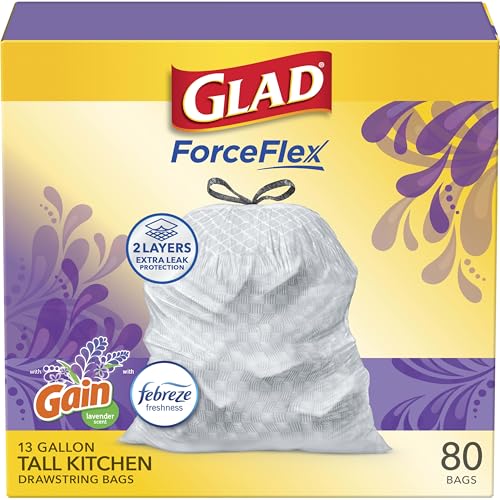 13 Gallon Tall Kitchen Drawstring Trash Bags, Lavender Scent, 80 Count