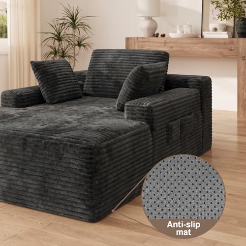 67-Inch Oversized Corduroy Chaise Lounge Chair with 3 Pillows - Gray