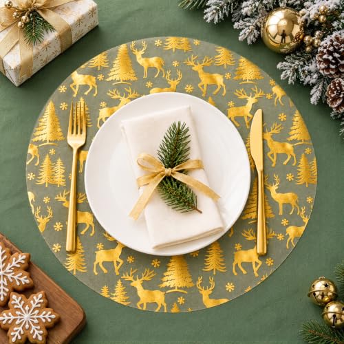 APUDWN 200 Pcs Christmas Mesh Placemat 13" Round Gold Reindeer (Variation: Christmas gold / 200)