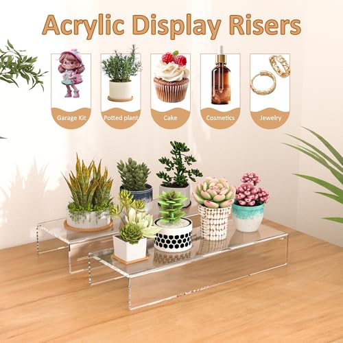 Clear Acrylic Display Risers - 12x4.3x2 Inch Shelf Organizers (2 Pack)