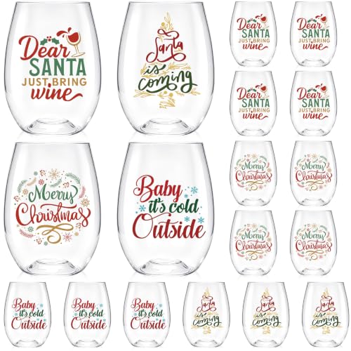 Yiyiring 24 Pcs Christmas Stemless Wine Glasses 16 oz, Plastic Glasses with Holiday Patterns