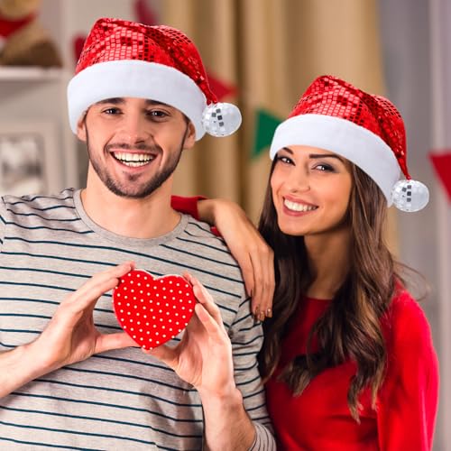 Eurzom 2 Pcs Christmas Santa Hat for Adults - Furry Red White & Disco Ball Variants