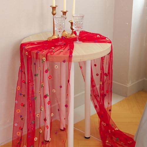 Red Floral Embroidery Table Runner 10FT for Wedding & Home Decor