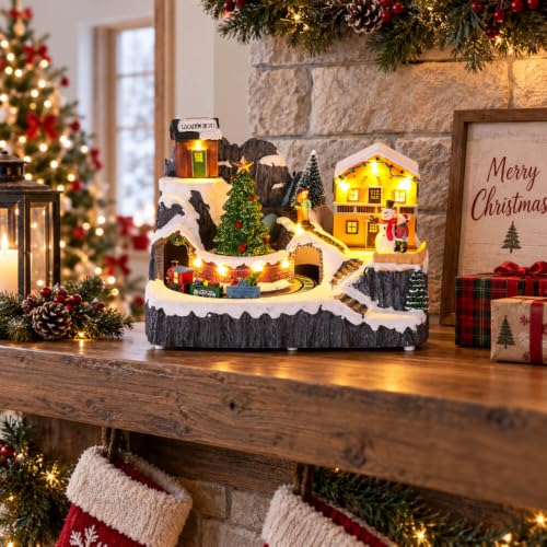 MEETYAMOR Lighted Christmas Village Set with Moving Train & Trees - Indoor Holiday Decor