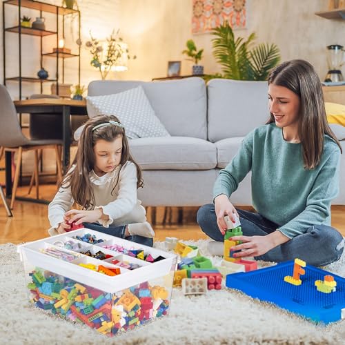 Stackable Plastic Storage Bin with Divided Tray & Building Block Baseplate Lid