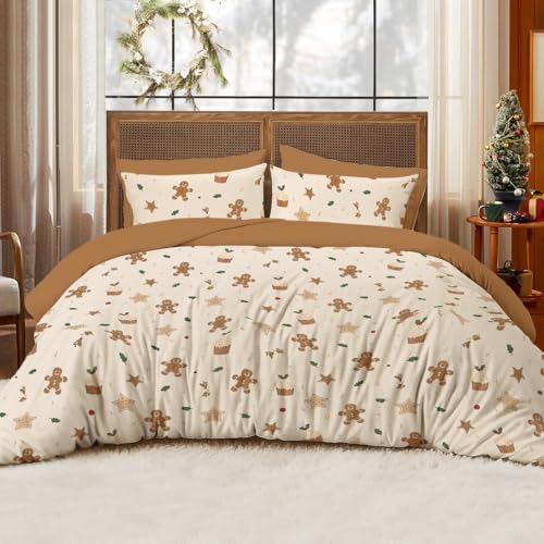 Erwinmu Christmas Duvet Cover Set, Queen Beige Cartoon – 1 Duvet Cover + 2 Pillowcases (No Comforter)