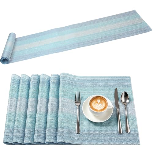 Karlesi Ombre Blue PVC Heat-Resistant 6 Table Mats Sets + 1 Tablecloth