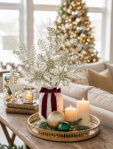 Oairse Champagne Artificial Poinsettia Flowers Picks 3 Pack Christmas Decor