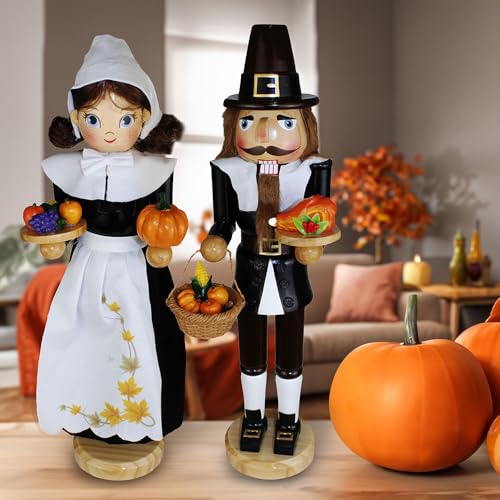 15-Inch Pilgrim Man & Woman Wooden Nutcracker Set - Thanksgiving Decor