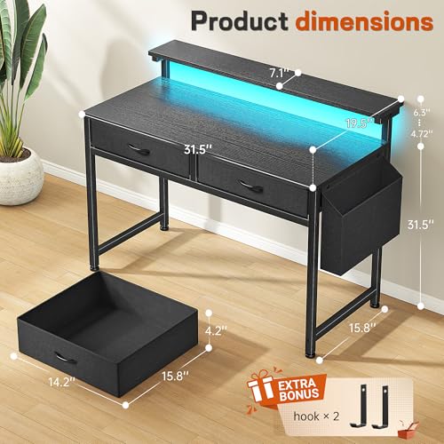 31-Inch Small Computer Desk with LED Lights, 2 Fabric Drawers & Monitor Stand