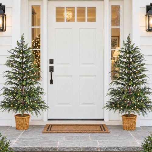 ENJOLLY 2 Pack 4FT Pre-Lit Artificial Cypress Christmas Tree with Woven Basket, Indoor/Outdoor Holiday Decor