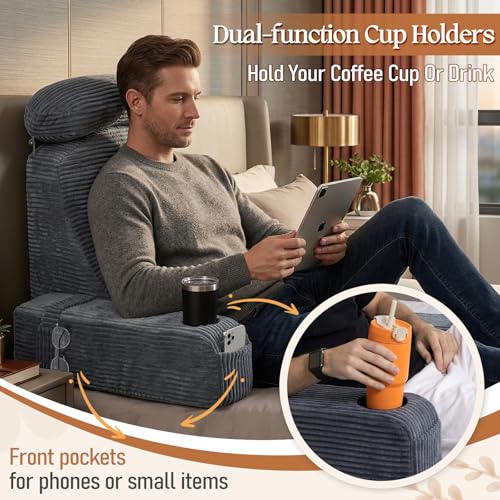 Adjustable Backrest Pillow with Cup Holder & Phone Pocket