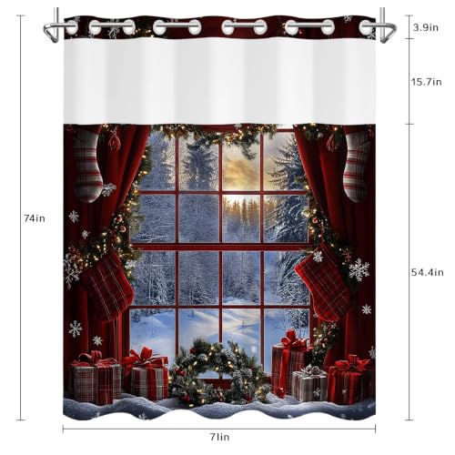 LB No Hook Red Christmas Shower Curtain with Fabric Liner Set - Rustic Holiday Decor