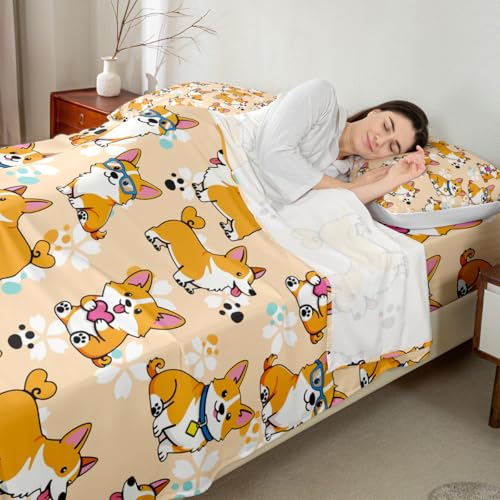 Homewish Wws9405 Full Corgi Sheet Set - Kids Cartoon Dog Paw Bedding, 4pcs