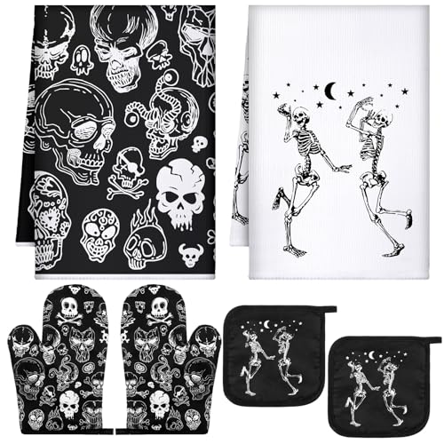 6-Piece Halloween Skeleton Kitchen Set: Oven Mitts, Pot Holders, Dish Towels