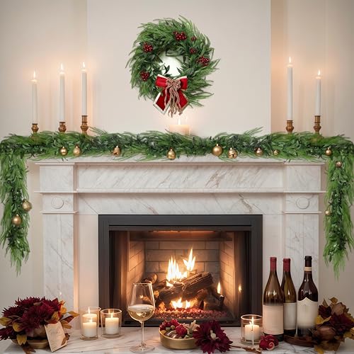 9FT Christmas Norfolk Pine & Olive Garland - Faux Greenery Wreath for Indoor Outdoor Decor