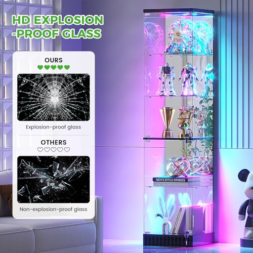 5-Tier Lockable Glass Display Cabinet with Motion Sensor LED Lights