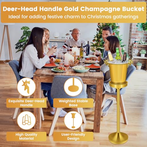 Gold 5L Ice Bucket with Stand and Deer Head Handles for Champagne & Wine