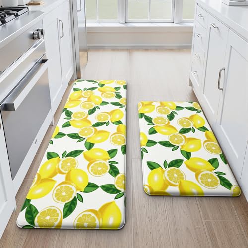 White Lemon Anti-Fatigue Kitchen Mat Set 2PC, 17.3 x 29 & 17.3 x 47 Inches