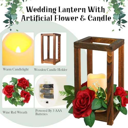 Hushee 60-Piece Wooden Wedding Lantern Centerpieces, Brown & Red with 20 LED Candles