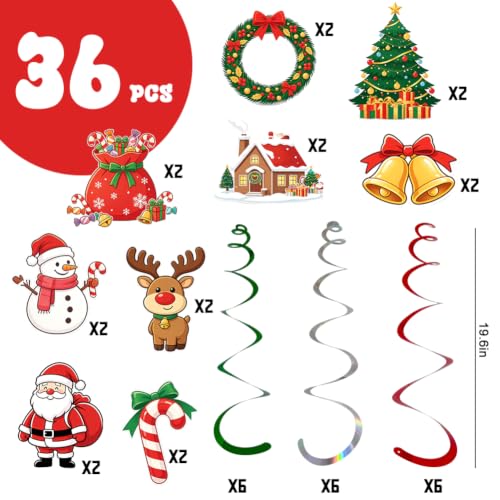 36PCS Christmas Hanging Swirl Decorations with Santa Reindeer Snowman & More