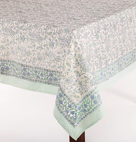 Aster Blue 60 x 108 Inch 100% Cotton Boho Tablecloth - Handblock Floral Home Decor