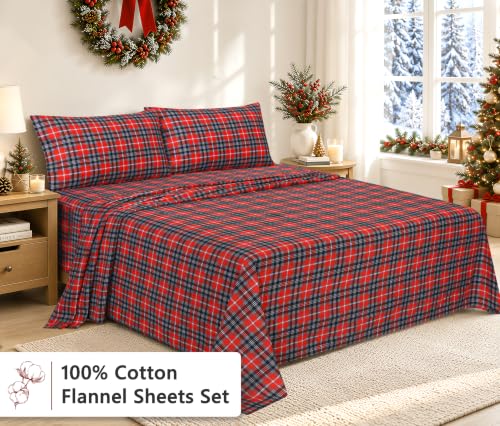 RUVANTI 100% Cotton Flannel Sheets Set Queen 4 PCs Red Plaid
