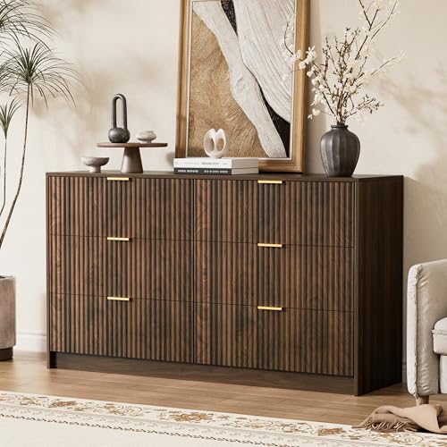 Modern 6-Drawer Walnut Dresser with Gold Handles, Wide Storage Chest