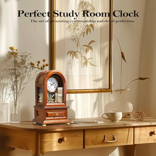 Vintage Wooden Mantel Clock with Revolving Pendulum and Storage Drawer