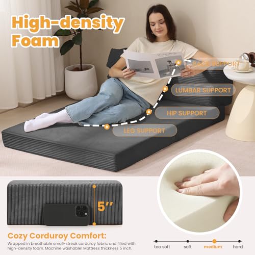 3-in-1 Foldable Full Size Sofa Bed, 5-Inch Memory Foam Floor Couch