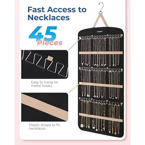 BAGSMART Hanging Jewelry Organizer, Necklace Holder Anti-tangle Earrings Rings Hanger with Pockets Hang on Closet, Wall, Door,1 Piece, Extra Large Black