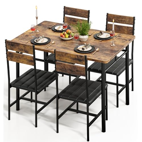 5-Piece Industrial Dining Table Set with 4 Upholstered Chairs, Rustic Brown