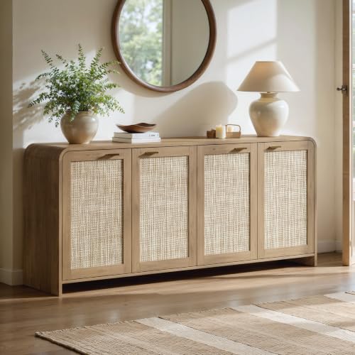 67-Inch Rattan Sideboard Buffet Cabinet, Boho Oak Storage Credenza with 4 Doors