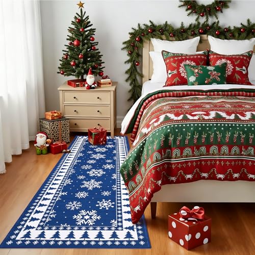 ROYHOME Blue Christmas Runner Rug 2' x 8' Bordered Holiday Hallway Carpet