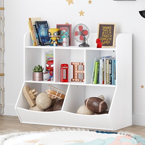 UTEX White Toy Storage Organizer with Bookcase and Cubby Shelves for Kids