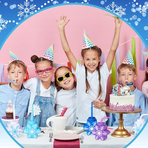 Sliner 24 Pack Snowflake Party Cups with Lids & Straws, 10 oz Winter Celebration