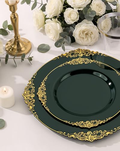 Morejoy Green Gold 175PCS Plastic Dinnerware Set - 25 Plates, 25 Dessert Plates, 25 Cups & 25 Utensils (Green & Gold)