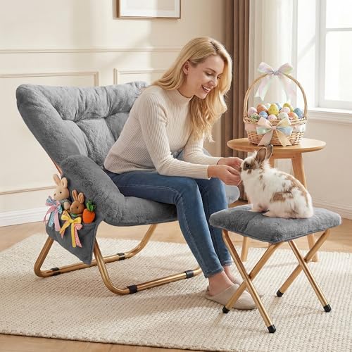 Foldable Faux Fur Saucer Chair, Oversized Plush Lounge Chair for Bedroom