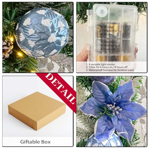 Wanna-CUL 24-Inch Pre-Lit Frozen Winter Christmas Wreath with Blue Poinsettia & Timer Lights - Silver Blue Variation
