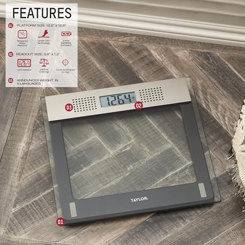 Taylor Talking Digital Glass Bathroom Scale 440 lb Capacity Gray - Precision & Voice Announcements